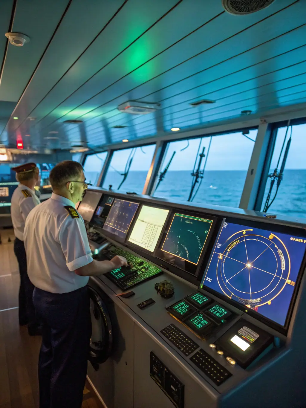 A team of shipping professionals in a control room monitoring vessel movements and weather conditions, demonstrating proactive management and safety.