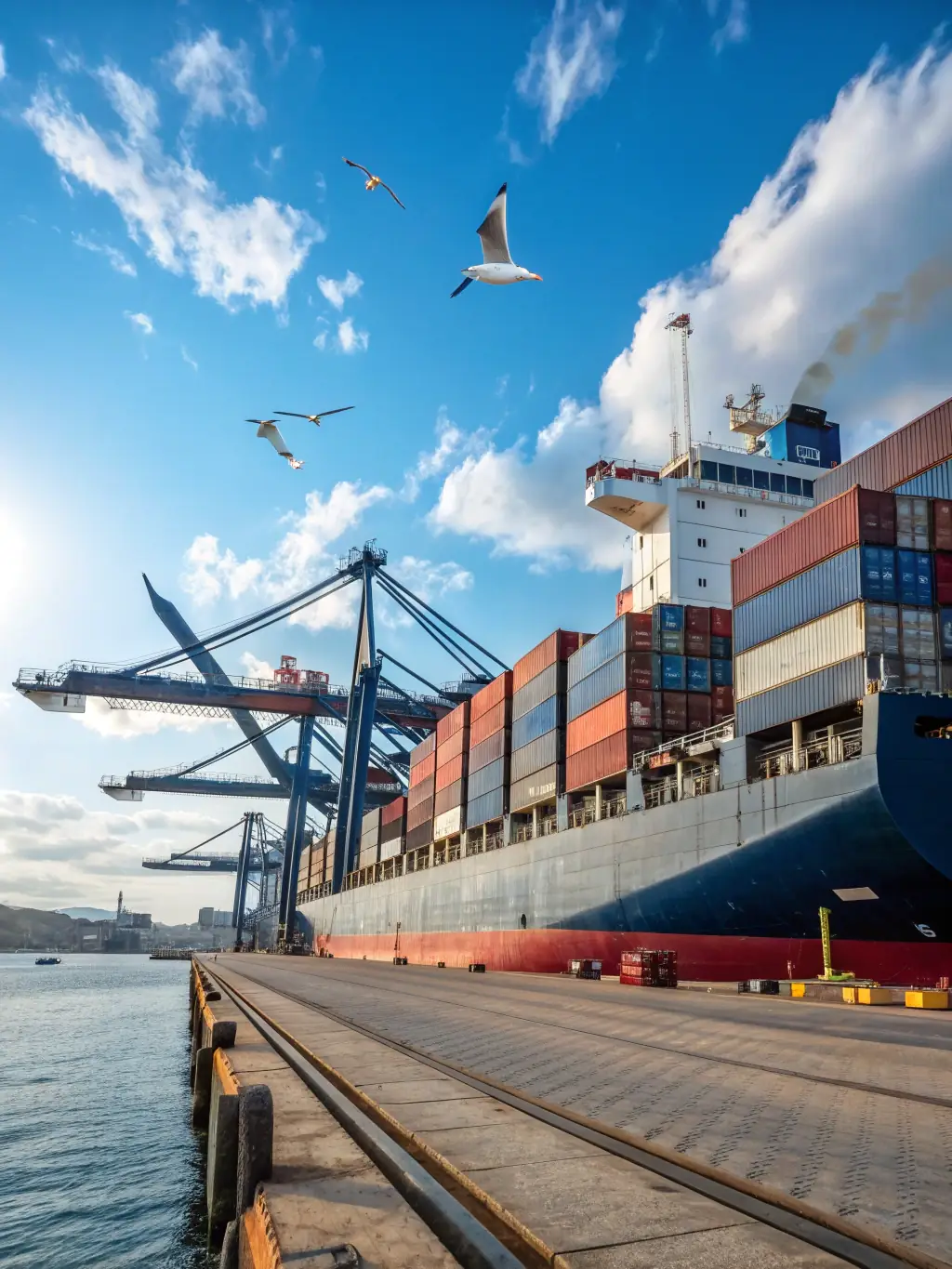 A modern cargo ship sailing smoothly on the Red Sea, containers neatly stacked, under a clear blue sky, symbolizing efficient and reliable shipping services.