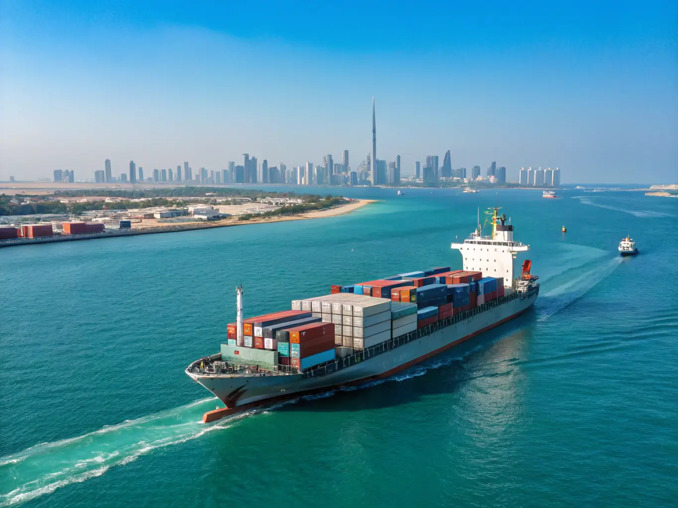 An image depicting a modern cargo ship navigating through the Arabian Sea, illustrating the connection between Middle Eastern ports and the broader Asian shipping network.