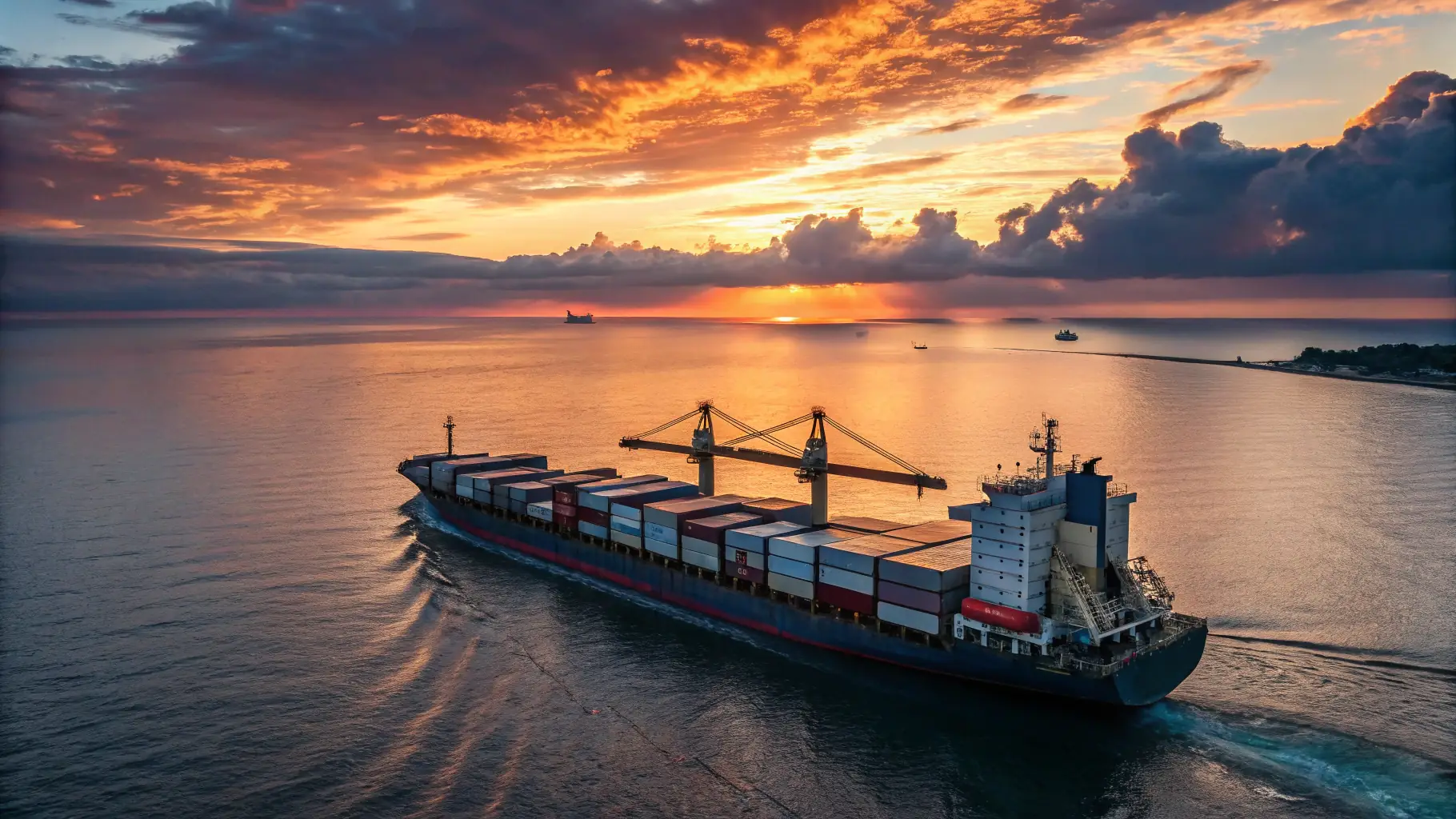 A cargo ship navigating through the Red Sea at sunset, with containers visible on deck.