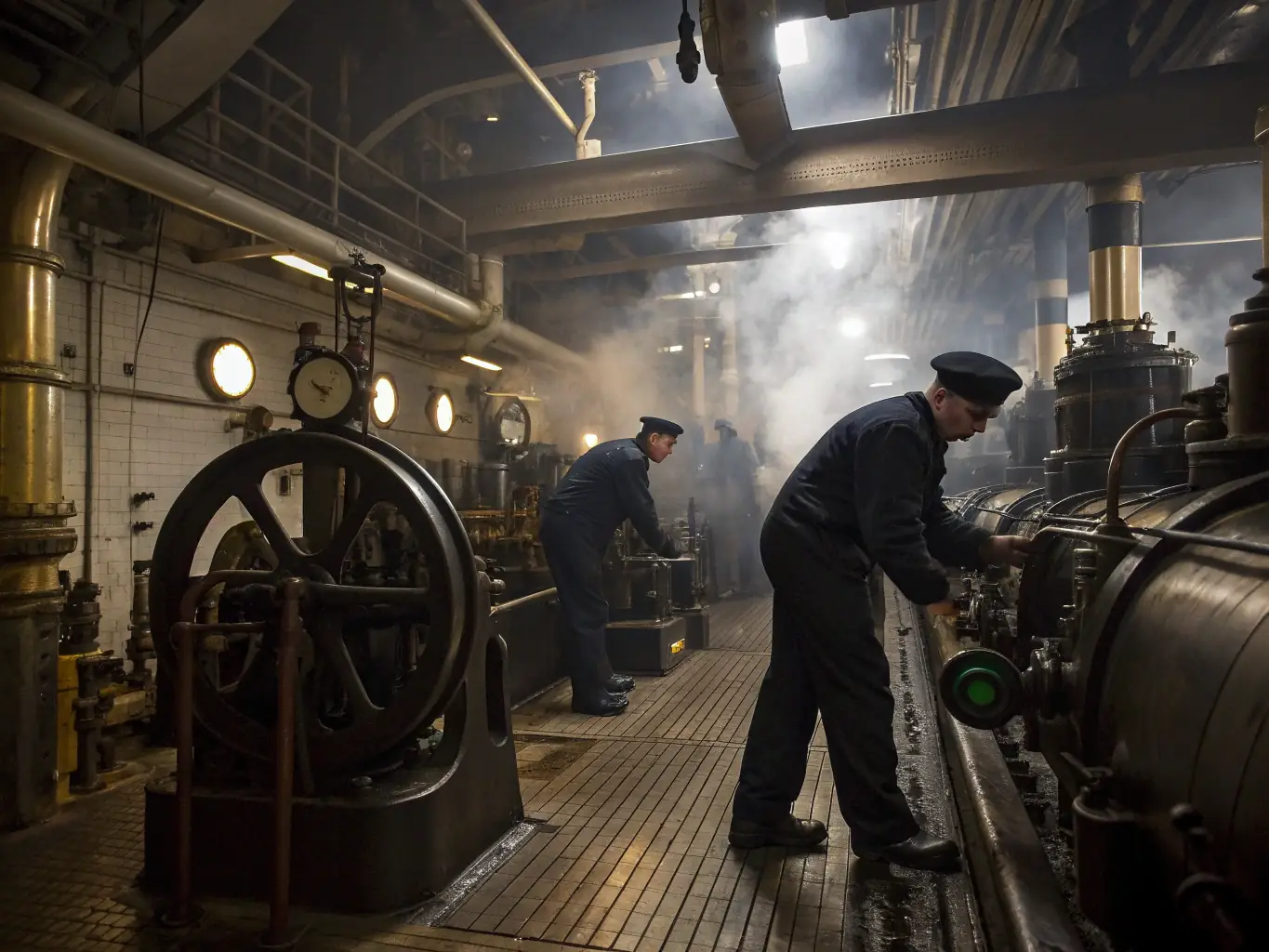 A detailed image of a cargo ship's engine room, showcasing the advanced technology and maintenance that ensures operational efficiency.