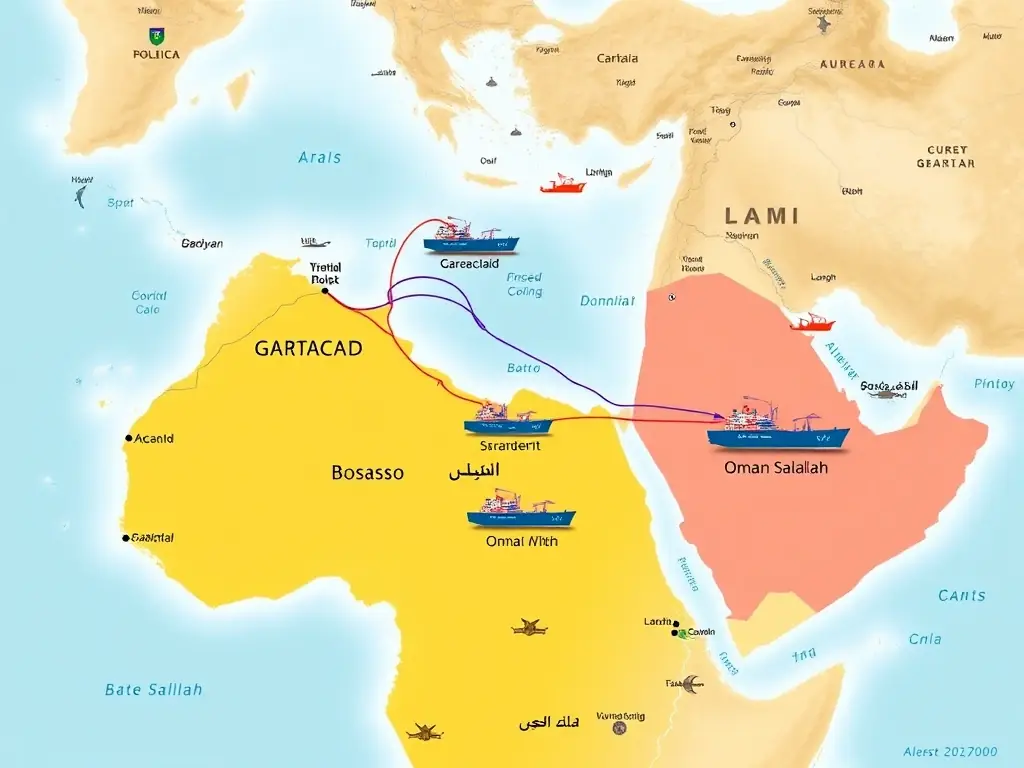 A detailed map showcasing the primary shipping routes from Salalah, Oman, to major ports in East Africa, highlighting key transit points and logistical hubs.