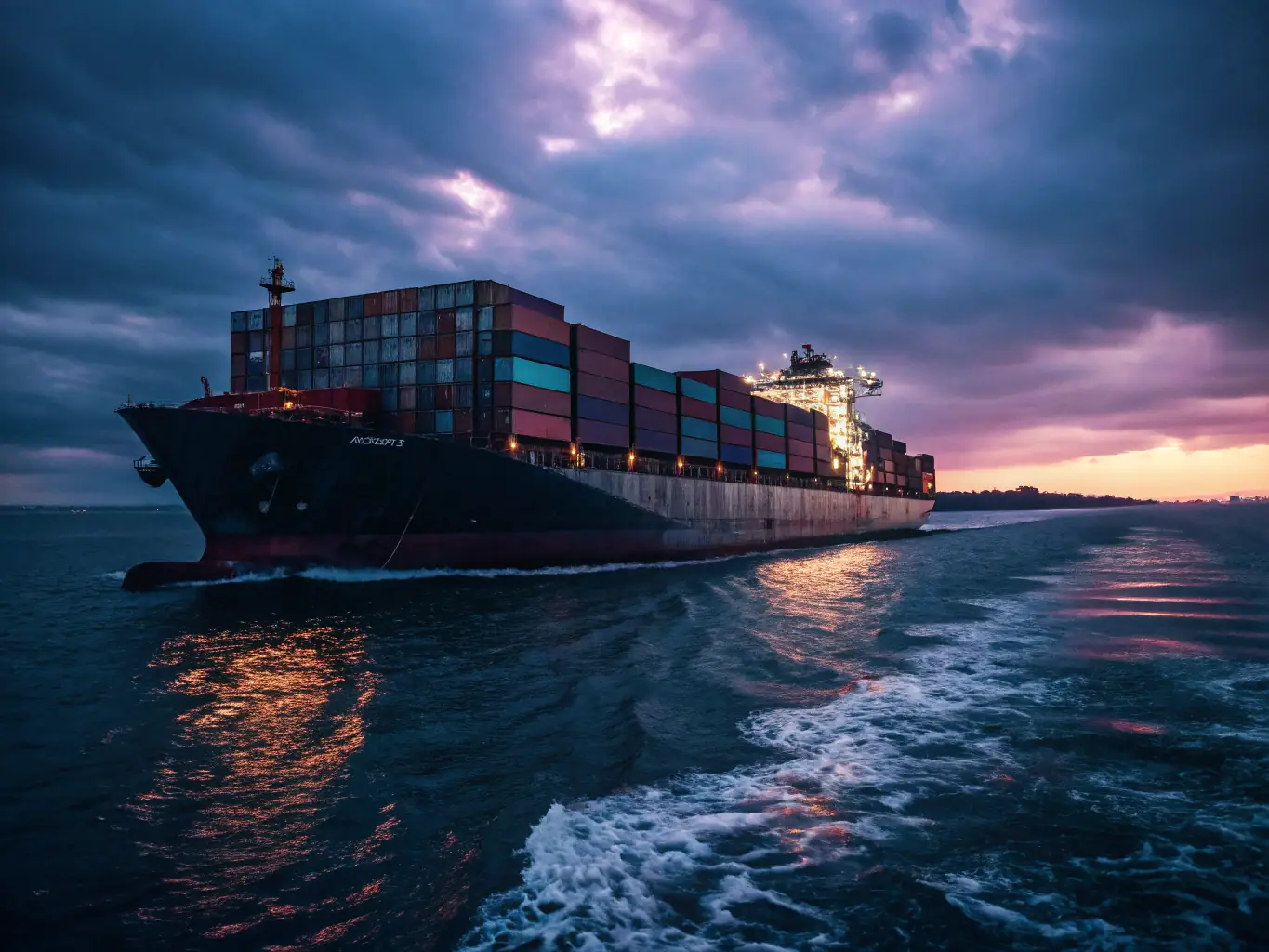 A modern cargo ship navigating the Red Sea at sunset, with containers visible on deck, symbolizing efficient and reliable shipping services.